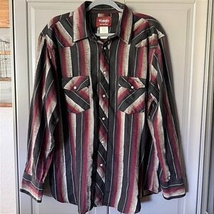 Wrangler VTG Western Stripe Pearl‎ Snap Button Long Sleeve Shirt, Red Black,XL